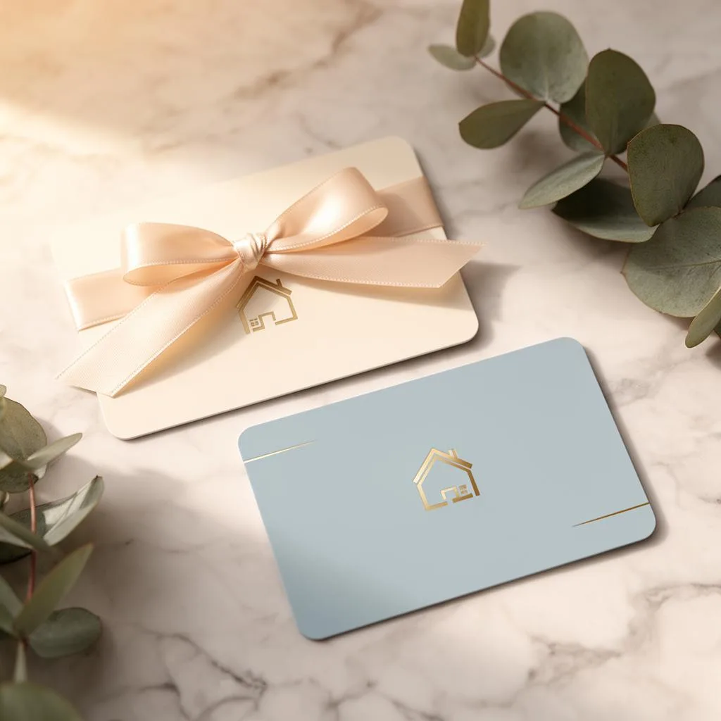 Elegant Clean Home Zurich gift cards with satin ribbon on a marble surface